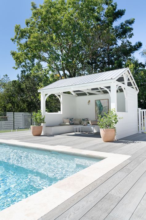 Country living meets classic architecture: A tour around this timeless coastal farmhouse Hamptons Style Pool, Hamptons Pool, Country Pool, Modern Coastal Farmhouse, Pool Gazebo, Pool Cabanas, Coastal Farmhouse Style, Pool House Designs, Outdoor Pool Area