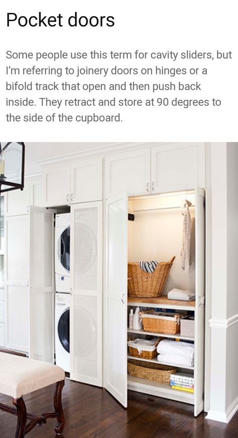 Pocket Door Washer Dryer, Closet Laundry Room Ideas Hallways Stackable, Bifold Pocket Doors, Laundry Pocket Door, Laundry Pantry Combo Ideas, Pocket French Doors, Mudroom Renovation, Washer Dryer Laundry Room, Stacked Laundry