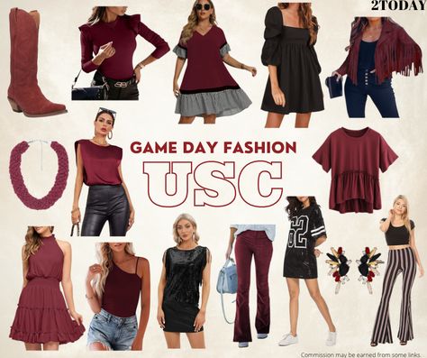 Outfit inspiration for USC football game days. Maroon Football Game Outfit, Game Day Fashion, Usc Football, Fringe Tshirt, Bell Bottom Trousers, Satin Shirts, Faux Suede Moto Jacket, Football Game Outfit, Game Day Outfit