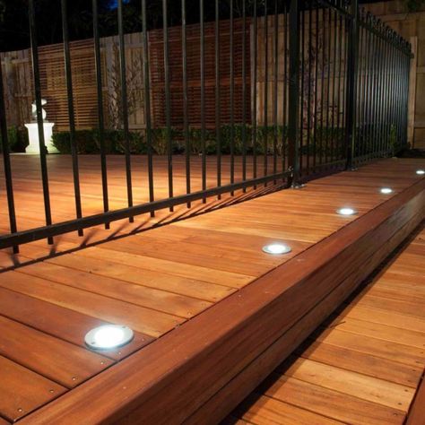 deck in floor lighting Deck Stair Lights, Outdoor Deck Lighting, Deck Steps, Stair Lights, Light Hardwood, Solar Deck Lights, Wooden Deck, Deck Stairs, Deck Lights