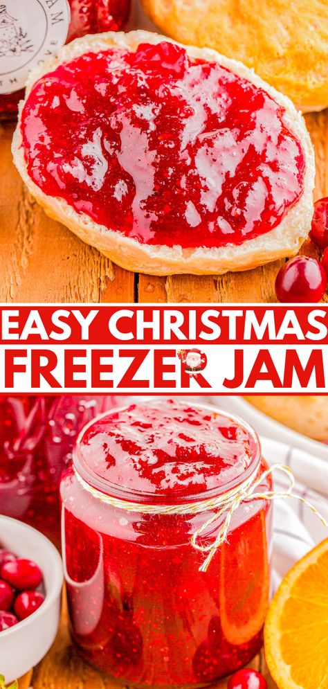 Christmas Freezer Jam - Averie Cooks Freezer Canning Recipes, Orange Cranberry Jam, Recipes Using Jam, Diy Strawberry Jam, Easy Jam Recipes, Christmas Jam Recipes, Low Sugar Strawberry Jam Recipe, Recipe Using Jam, Holiday Dessert Drinks