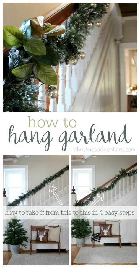 Great tips and a tutorial to hang garland in 4 easy steps! Banister Garland, Christmas Banister, Christmas Stairs, Christmas Staircase, Farmhouse Flair, Staircase Decor, Hanging Garland, How To Hang, White Christmas Decor