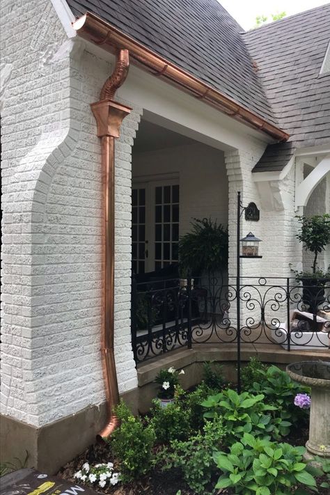 Copper Roof House, House Gutters, Copper Awning, Mountain Cabin Decor, Custom Awnings, Copper Gutters, Exterior House Remodel, Copper Roof, Brick Exterior House