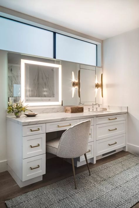 Dressing Table In Bathroom, Built In Makeup Vanity In Bathroom, Built In Vanity In Bathroom, Makeup Vanity Ideas, Built In Vanity, Bathroom With Makeup Vanity, Girl Bathrooms, Master Bath Vanity, Custom Bathroom Vanity