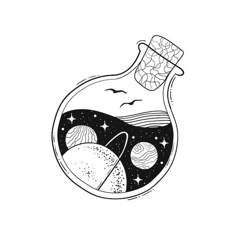 Sketch of tattoo space in a bottle | Premium Vector #Freepik #vector #vintage-sketch #tattoo #tattoo-art #tatoo-design Tattoo Sketch Ideas, Tattoo Space, Space Drawing, Space Drawings, Space Tattoo, Tattoo Sketch, Vector Sketch, Sketch Ideas, Potion Bottle