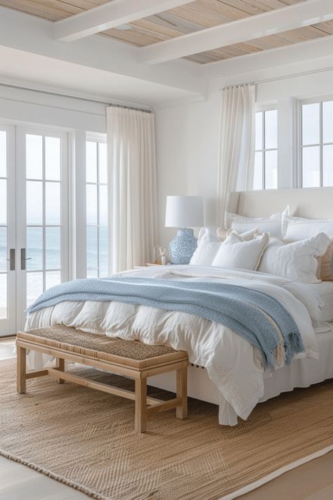 Florida Bedroom Ideas, Coastal Bedrooms Master, Summer Bedrooms, Summer Bedroom Ideas, Florida Bedroom, Summer Bedroom Decor, Modern Coastal Bedroom, New England House, Beach Room Decor