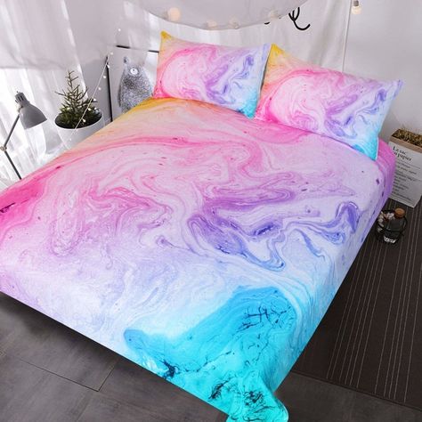 A rad pastel bed set sure to give you the kind of psychedelic beauty rest only a candy-for-dinner high could create. 30 Things For Anyone Who's Basically A Child Trapped In An Adult's Body Girly Bedding, Girls Bedspreads, Marble Bedding, Purple Duvet, Marble Duvet Cover, Purple Bedding Sets, Mermaid Bedding, Design Ložnic