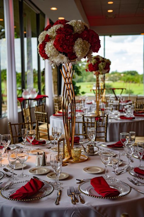 Red White And Gold Wedding Ceremony, White Gold Red Wedding Decor, Ruby Red Party Decorations, Gold And Red Wedding Decorations, Red Gold White Wedding Theme, Red White And Gold Decorations, White Gold Red Wedding, Red Gold And White Wedding, Red White Gold Wedding