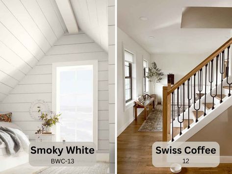 Smoky White Behr Paint, Smokey White Paint Behr, Behr Swiss Coffee Paint, Behr Smoky White, Behr Silky White, Behr Swiss Coffee, Swiss Coffee Walls With White Trim, Swiss Coffee Behr, Paint Color Pallets