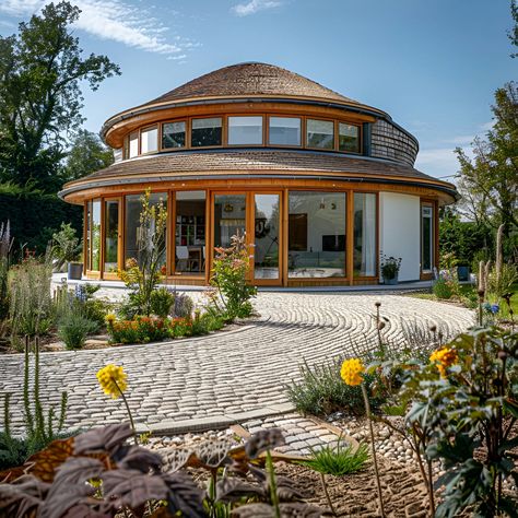 Discover a sleek, contemporary roundhouse nestled in a vibrant garden. This home features a circular structure with a multi-layered roof and extensive glass, flooding the interior with natural light. Large windows offer seamless indoor-outdoor living with panoramic garden views. The wooden accents and tiered roof add elegance, while a cobblestone path leads to the inviting entrance. Perfect for those who appreciate modern design and nature. Circular House Design, Yurt Architecture, Round House Design, Circular Architecture, Circular House, Domed Roof, Modern Cabin Interior, Circular Structure, Roof Dome