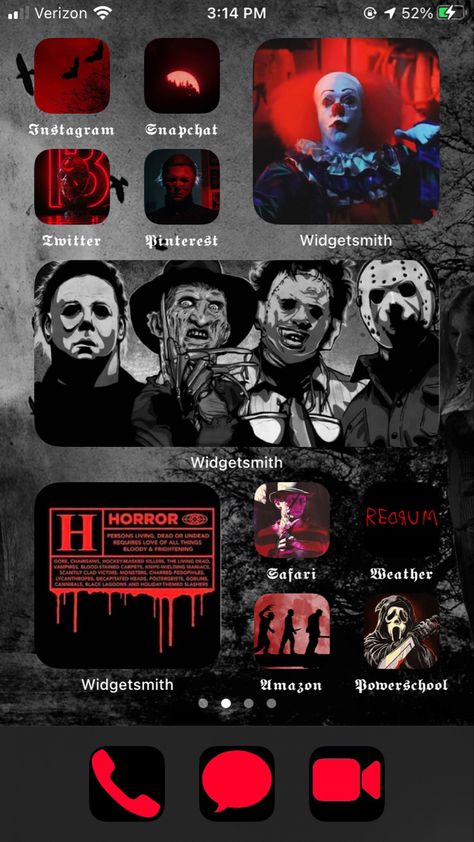 Horror Movie Aesthetic App Icons, Horror Movies Widgets, Horror Movie Widget Icons, Horror Movie Iphone Theme, Slasher Wallpaper Iphone, Horror Movie Homescreen, Horror Iphone Layout, Horror Movie App Icons, Horror Movie Phone Theme