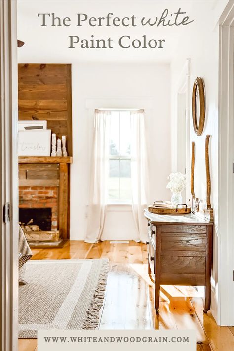 White Paint Wood Trim, Best White Paint With Honey Oak, Bit Of Sugar Behr Paint, Behr Warm White Paint Colors, Behr Bit Of Sugar, Yellow Wood Floors, Cottage Paint Colors Interior, Basement Refresh, Perfect White Paint