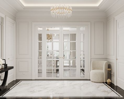 Modern Classic Foyer, Foyer Design Luxury, Neo Classic Living Room, Classic Foyer, House Dubai, Classic Entrance, Classic Hall, Entrance Foyer Design, Molding Design