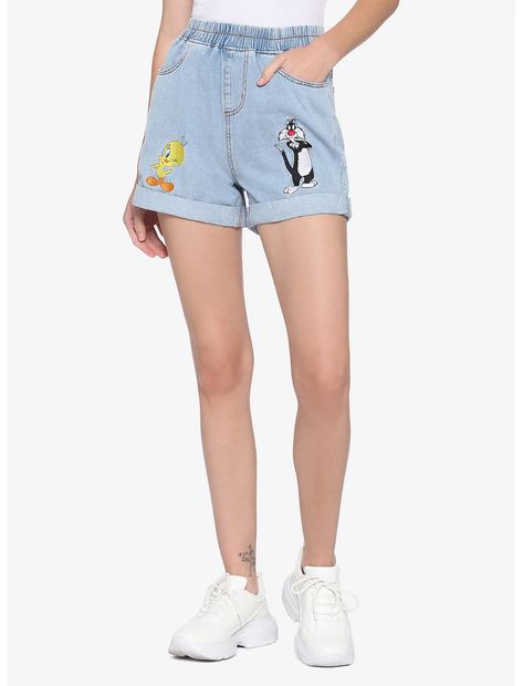 Looney Tunes Tweety & Sylvester High-Waisted Elastic Denim Shorts Looney Tunes Outfit, Looney Tunes Tweety, Cool Girl Outfits, Culture Clothing, Harajuku Outfits, Her Universe, Cartoon Outfits, Other Outfits, High Waisted Shorts Denim