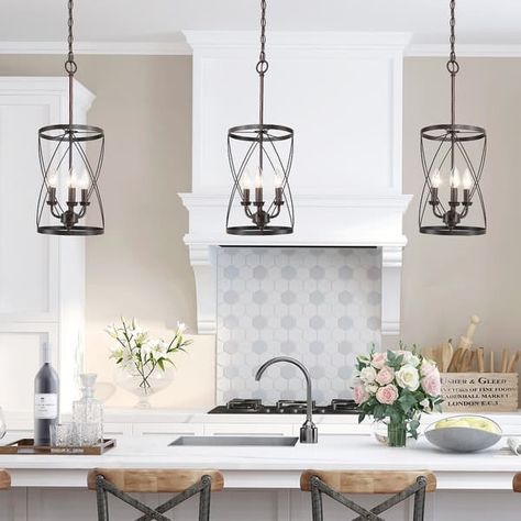 Modern Farmhouse Cage Pendant Chandelier Island Lights for Dining Room - W 9.1"x H 24.4" - On Sale - Bed Bath & Beyond - 32911309 Farmhouse Kitchen Pendant Lights, Modern Metal Kitchen, Kitchen Island Pendant Lights, Shabby Chic Chandelier, Lights For Dining Room, Lights Over Kitchen Island, Lantern Pendant Lighting, Rustic Pendant Lighting, Kitchen Island Pendant