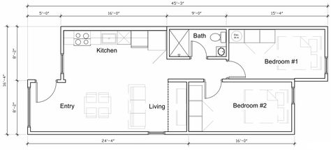 The Model 6 features an offset layout. The main entrance is recessed, and a small hallway leads to the bathroom and two bedrooms. The kitchen is open to the living and dining space. #dwell #shippingcontainerhomes #shippingcontainerhomefloorplans #modernarchitecture #moderndesign Container House Floorplan Layout, 2 Container House Plans, Dwell Bathroom, Small Architecture, House Floorplan, Modular Home Builders, Cargo Container Homes, Shipping Container Cabin, Small Floor Plans