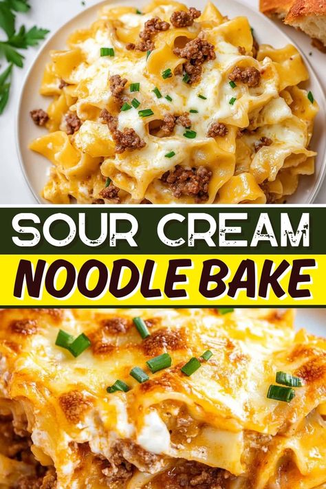 This sour cream noodle bake is full of so much goodness! With tender noodles, ground beef, and plenty of cheese, it's so creamy and satisfying. Recipes With Homemade Noodles, Casserole Recipes Noodle, Meals With Pasta Noodles, Pasta Casserole Recipes Easy, Baked Noodle Recipes, Sour Cream Beef Bake, Sour Cream Bake, Easy Noodle Recipes, Casseroles Beef