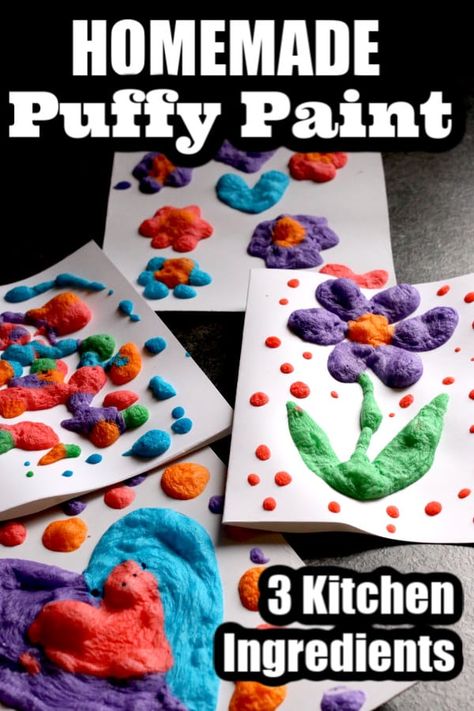 Make your own puffy paint with 3 kitchen ingredients. You put it your microwave and it puffs right up! #HappyHooligans #Kids #Art #Activities #Toddlers #Preschoolers #Crafts #Homemade #Paint Preschoolers Crafts, Kids Art Activities, Puffy Paint Recipe, Arts And Crafts For Kids Toddlers, Homemade Puffy Paint, Crafts Homemade, Paint Recipe, Homemade Paint, Kitchen Ingredients