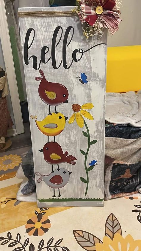 Spring Painting On Wood, Painting On Wood Ideas, Wood Board Painting Ideas, Front Porch Signs Wooden Diy, Spring Wood Crafts, Plank Art, Painted Decor, Art Pole, Barn Wood Crafts