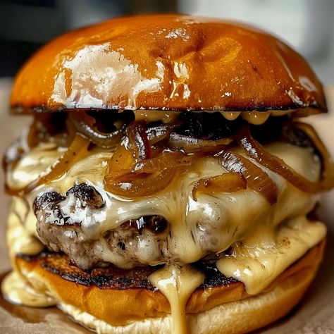 French Onion Soup Burgers Recipe French Onion Soup Burger Recipe, Caramelized Onion Burger, Onion Soup Burgers, Dinner Ideas Meal Prep, Onion Burger Recipe, Gourmet Burgers Recipes, Onion Burgers, Burgers Recipes, Onion Burger