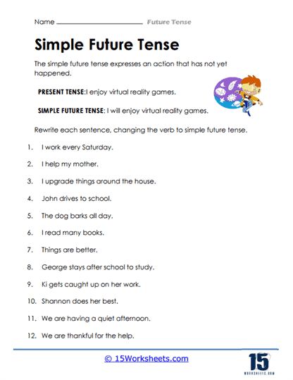 Future Tenses Worksheets, Simple Future Tense Worksheets, Future Tense Worksheet, Simple Future Tense, Sentences Worksheet, Holiday Science, Kindergarten Social Studies, Future Tense, Virtual Reality Games