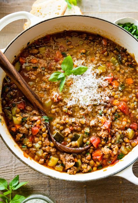 Italian Sausage Lentil Soup Recipe - CucinaByElena Italian Lentil Soup Recipe, Sausage Lentil Soup, Sausage Lentil, Lentils And Sausage, Spicy Lentil Soup, Lentil Sausage Soup, 15 Bean Soup, Lentil Soup Recipe, Cauliflower Soup Recipes