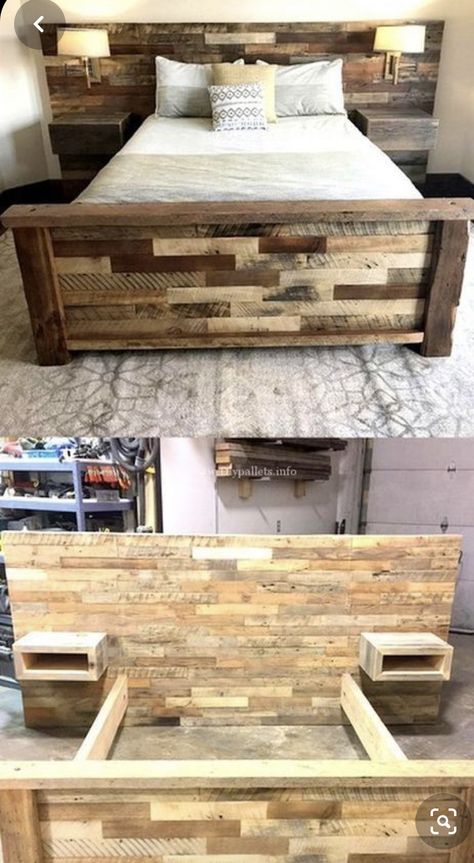 Diy Seng, Wooden Pallet Beds, Head Boards, Diy Pallet Bed, Table Woodworking, Pallet Headboard, Rustic Woodworking, Pallet Bed, Pallet Designs