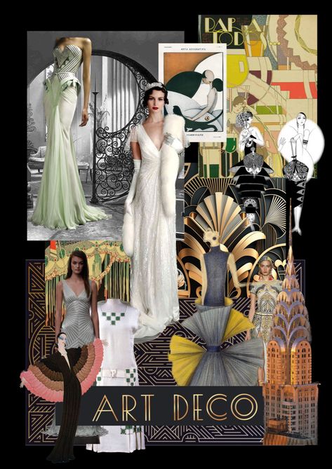 Art Deco Inspired Fashion, Art Deco Moodboard, Art Deco Outfit, Art Deco Mood Board, Luxury Prints, Drowsy Chaperone, Theme Board, Tropical Art Deco, Deco Fashion