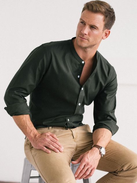 Mens Green Shirt Outfit Casual, Forest Green Mens Dress Shirt, Formal Attire Men Aesthetic, Dark Green Male Outfit, Dark Green Shirt For Men, Men Dark Green Outfit, Dark Button Up Shirt Outfit, Men Shirts Formal, Button Up Shirt Outfit Mens Formal