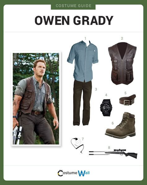 Dress Like Owen Grady (Chris Pratt) from Jurassic World. See additional costumes and Owen Grady cosplays. Owen Grady Costume, Owen Jurassic World, Jurassic Park Costume, Owen Grady, Park Party, Costume Guide, Dinosaur Costume, Costume Diy, Dinosaur Birthday Party