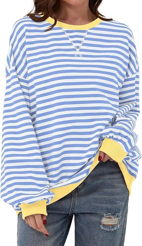 TERIVEEK Women Oversized Striped Color Block Long Sleeve Crew Neck Sweatshirt Casual Loose Pullover Y2K Shirt Top, Blue White, Medium : Amazon.co.uk: Fashion Trendy Stuff, Dirndl Outfit, Casual Pullover Sweater, Striped Sweatshirt, Oversize Pullover, Oversized Shirts, Oversized Hoodies, Bandeau Tops, Pull Oversize