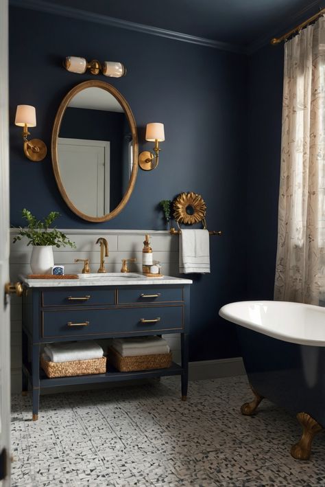 Ahoy, design enthusiasts! Join us as we navigate the seas of style with Anchors Aweigh (SW 9179) in our daily interior designer routine, transforming your bathroom into a sophisticated, moody oasis. Let's set sail to sophistication together! #Ad #homedecor #homedesign #bathroom #Painthome interiorarchitecture best Wall Colors for Bathroom Colors Bright Room Colors best colors combinations bathroom bathroom Remodeling Modern Paint Colors 2024 Deep Blue Bathroom Walls, Navy Blue Wall Bathroom, Dark Blue Walls Bathroom, Two Tone Blue Bathroom, Sw Anchors Aweigh, Moody Bathroom Paint Colors, Small Navy Bathroom, Moody Blue Bathroom, Dark Blue Bathroom Ideas