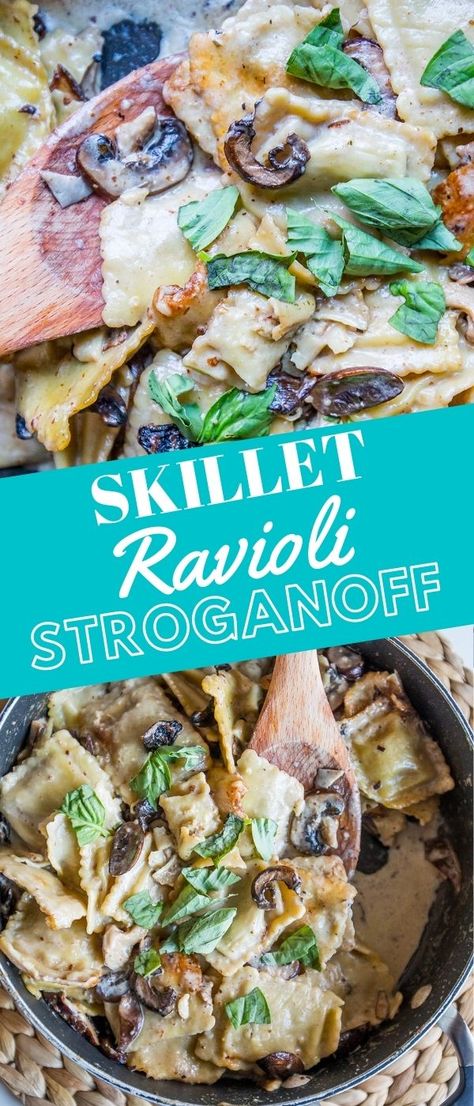 Ravioli Stroganoff, Skillet Ravioli, Traditional Beef Stroganoff, Beef With Mushroom, Beef Skillet, Mushroom Ravioli, Mushroom Stroganoff, Macaroni Pasta, Easy Skillet