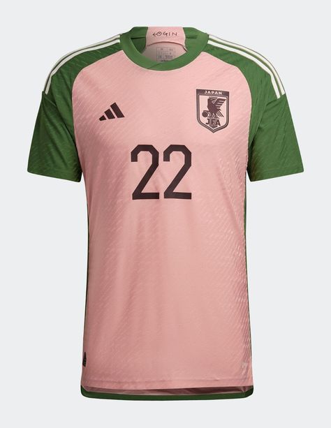 Based on the same template as the Japan 2022 World Cup kit, the Adidas Japan 2022 special jersey is cherry pink with green accents in the form of the sleeves and collar. Japan Soccer, World Cup Kits, Football Calendar, Man Japan, Toronto Fc, Kit Design, World Cup 2022, Team Jersey, Soccer Shirts