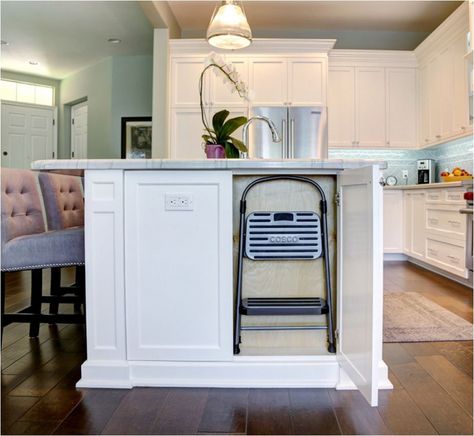 FOCUS: storage for step stool -- in island Hidden Step Stool, Hidden Bathroom Storage, Transitional Kitchen Design Ideas, Hidden Bathroom, Shallow Cabinets, Designs For Kitchen, Stool Storage, Ashley Furniture Chairs, Transitional Kitchen Design