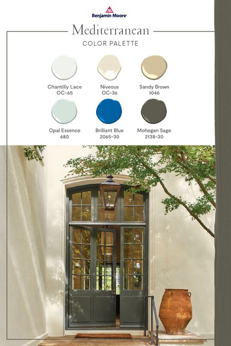 Bring home the colors of the Mediterranean’s dramatic seascape, temperate climate, rugged landscape, and cobalt blue skies using Benjamin Moore's curated palette. Mediterranean Home Decor Colorful, Italian Villa Exterior Paint Colors, Italian Villa Paint Color, Mediterranean Wall Paint Colors, Exterior Paint Colors For Mediterranean Style House, Spanish Style Color Palette Interior Design, Exterior House Paint Color Combinations Mediterranean, Exterior House Paint Color Combinations Stucco Spanish Style, Spanish Style House Exterior Colors