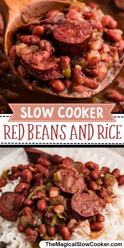 Crock Pot Red Beans and Rice is hands-down one of the best recipes to make when you're looking for a delicious one-pot meal. Packed with flavorful andouille sausage (or kielbasa), red beans, chicken broth, fresh veggies, and seasonings - this has a quick meal prep time and your family is sure to enjoy it. Sausage Beans And Rice, Red Beans And Rice Recipe Easy, Sausage Beans, Slow Cooker Red Beans, Pot Of Beans, Red Beans Recipe, Easy Veggie Side Dish, Red Beans And Rice Recipe, Rice Recipe Easy