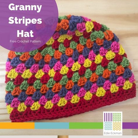 Granny Square Ear Warmer Free Pattern, Multi Color Crochet Beanie Pattern, Granny Square Hats Easy Crochet, Granny Stitch Beanie Free Pattern, Granny Square Crochet Hat Pattern, Crochet Granny Stitch Hat, Granny Stitch Hat Pattern Free, Granny Stitch Beanie, Crochet Caps For Kids