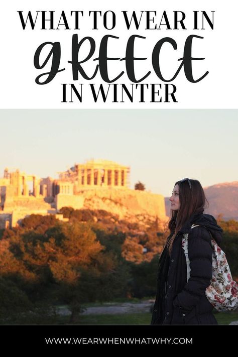 Woman in winter clothes with acropolis in Athens Greece in the background Santorini In November, Greece In December, Snow In Greece, Greece In Winter, What To Pack For Greece, Pack For Greece, What To Wear In Greece, Dressing For Winter, Winter Trip Packing List