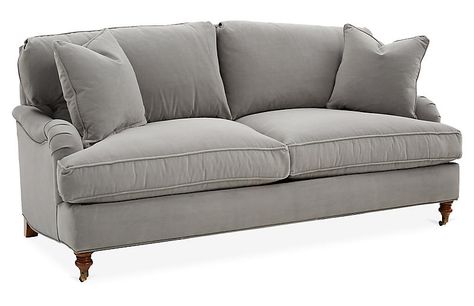 Brooke Sofa, Gray Crypton $2,195.00  *Seat depth = 22" / seat height = 21" / arm height = 24"  Total -- 78"w x 37" dp x 35"h    *Memo:  For English Rolled Arm Sofas 20" high side tables are a good height.   Source: One Kings Lane Queen Size Sleeper Sofa, Brown Furniture Living Room, Neutral Sofa, Brown Furniture, Settee Sofa, Gray Sofa, Settee, Furniture Arrangement, Sleeper Sofa