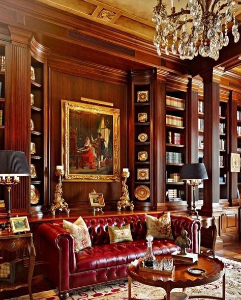 Red Couches, Victorian Study, Home Library Design Ideas, Library Seating, Traditional Home Office, Home Library Design, Home Libraries, Book Shelves, Library Design