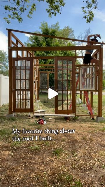 Lily & Rose on Instagram: "The roof was the thing I was most nervous to build for my greenhouse. I chose a lean to roof style because watching YouTube videos on tresses made my head hurt. But I love how it turned out ☺️

Bonus: we had a rainstorm and it’s actually leak proof!

#lilyandrose #sharejoy #greenhouse #diygreenhouse #backyardgarden #leanto #diy #homedepot #flowerfarmer #twinklelights" Leanto Greenhouse Ideas, Diy Greenhouse With Old Windows, Slant Roof Greenhouse, Greenhouse Old Windows, Diy Lean To Greenhouse, Diy Greenhouse Cheap, Greenhouse Roof, Simple Greenhouse, Lean To Roof