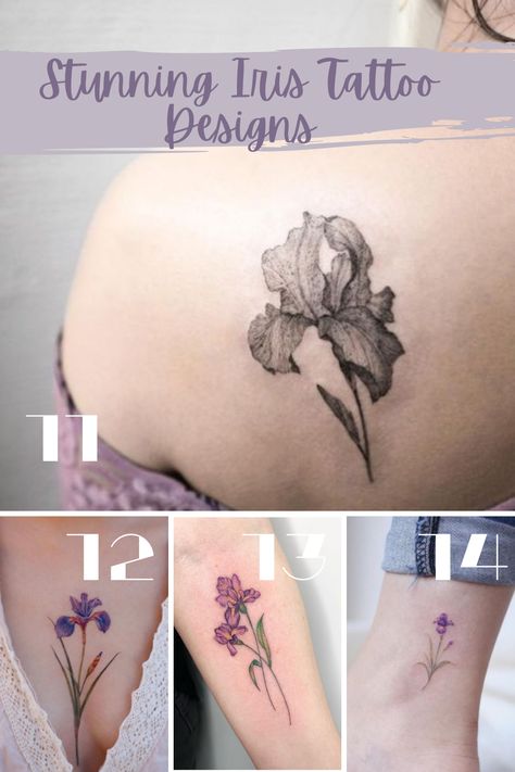 Beautiful Iris Tattoo Ideas Designed - Tattoo Glee Iris Flower Tattoo Black, Simple Iris Tattoo, Purple Iris Tattoo, Rose Heart Tattoo, Iris Flower Tattoo, Iris Tattoo, Flower Tattoo Meanings, Ribcage Tattoo, Irish Tattoos