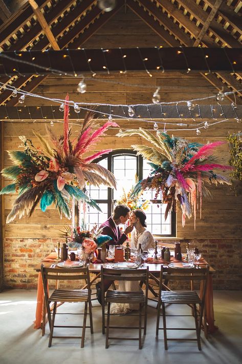 Coloured Pampas Grass Decor, Bright Dried Flowers Wedding, African Inspired Wedding Flowers, Eclectic Boho Wedding Decor, Colorful Pampas Grass Decor, Colourful Boho Wedding, Quirky Wedding Decor, Wedding Autumn Ideas, Bright Colour Wedding