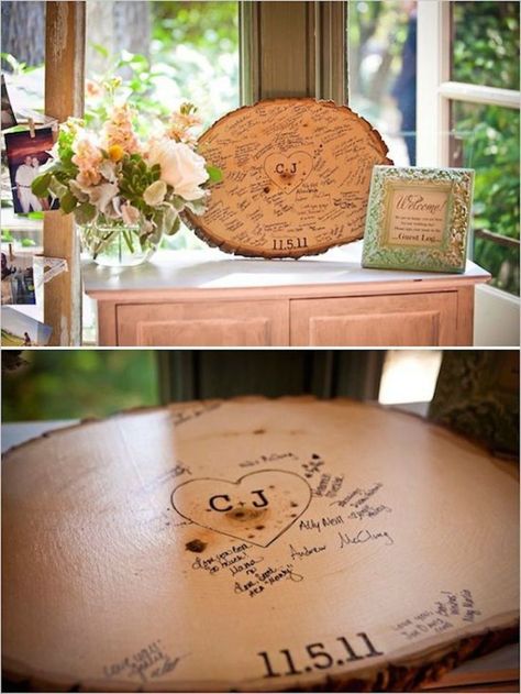 Such a cool idea for a rustic wedding! Have your guests sign a tree slab that you can display in your home Handfasting Wedding, Wedding Guest Book Unique, Tree Ring, Garden Party Wedding, Natural Nature, Guest Book Alternatives, Tree Stump, Here Comes The Bride, Trendy Wedding