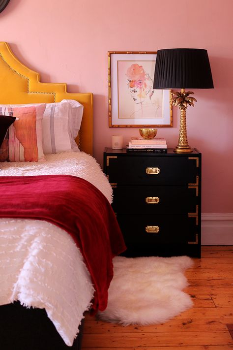 Boho Glam Blush pink bedroom with yellow headboard and black and gold accents Boho Glam Bedroom, Yellow Headboard, Glam Bedroom Ideas, Boho Glam Home, Blush Pink Bedroom, Bedroom Yellow, Pink Headboard, Pink Bedroom Design, Farrow & Ball