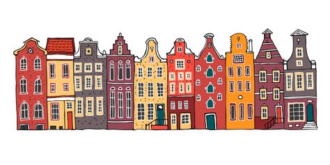 Amsterdam colorful vector sketch hand drawn illustration. Cartoon outline houses facades in a row. Isolated on white background royalty free illustration Holland House, Amsterdam Art, Amsterdam Houses, House Cartoon, Travel Art Journal, Building Sketch, Dutch House, Building Drawing, House Sketch