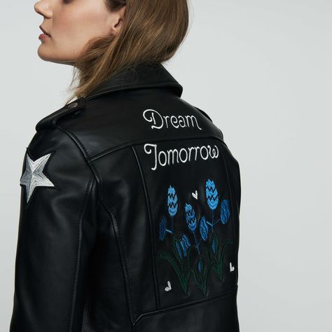 BREAMBREAM BLACK | maje.com Maje Leather Jacket, Leather Jacket Details, Collarless Leather Jacket, Embroidered Leather Jacket, Moto Leather Jacket, Black Motorcycle Jacket, Womens Moto Jacket, Cropped Moto Jacket, Faux Shearling Jacket