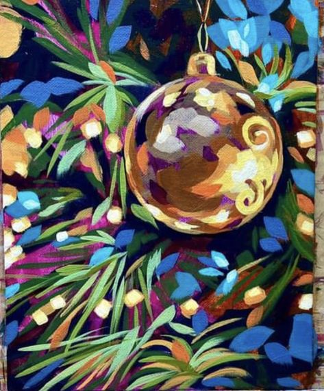 Paintings Of Christmas Lights, Painting Of Christmas Ornaments, Large Christmas Painting, Christmas Ornament Painting On Canvas, Modern Christmas Painting, Acrylic Painting Christmas Cards, Christmas Painting Ornaments, Abstract Winter Painting, Whimsical Christmas Paintings