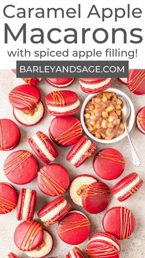 Caramel Apple Pie Macarons Marshmallow Macaron Filling, Pumpkin Pie Macarons, Thanksgiving Macaron Flavors, Caramel Apple Macarons, Christmas Macaron Ideas, Apple Macarons, Macarons Flavors, French Macarons Flavors, Pie Macarons